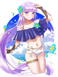  alternate_costume arm_up bikini blue_bikini breasts cleavage cloud female fire_emblem fire_emblem:_the_binding_blade flower frilled_bikini frills hair_flower hair_ornament hand_on_own_head highres long_hair looking_at_viewer medium_breasts navel purple_eyes purple_hair smile solo sophia_(fire_emblem) swimsuit thigh_strap tsukimura_(d24f4z8j3t) very_long_hair white_bikini 