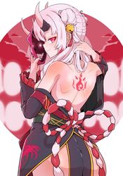  back back_bow back_tattoo bare_shoulders bell black_kimono blush bow double_bun female from_behind grey_hair hair_bell hair_bun hair_ornament highres hololive horns japanese_clothes jingle_bell kimono kouhaku_nawa long_sleeves looking_back mask mask_on_head moral_cacoethes nakiri_ayame nakiri_ayame_(1st_costume) oni_mask red_eyes rope shimenawa short_kimono skin-covered_horns tattoo virtual_youtuber 