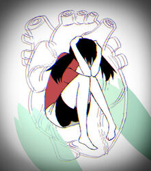  bad_id bad_pixiv_id barefoot bike_shorts black_hair black_shorts border chromatic_aberration clutching_head commentary covered_face disembodied_hand feet female gardevoir gradient_border hands_on_own_head hands_up heart_(organ) knees_to_chest knees_together_feet_apart knees_up matsuriya_(pixiv_79070753) may_(pokemon) medium_hair pale_skin pigeon-toed pokemon pokemon_(creature) pokemon_rse red_shirt shirt short_sleeves shorts sitting solo 