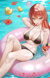  :p absurdres aqua_eyes arm_behind_head bikini black_bikini breasts chungla collarbone cup drink drinking_glass female flower highres holding holding_cup large_breasts looking_at_viewer navel navel_piercing original petals piercing pool red_flower rubber_duck sitting swimsuit thighs tongue tongue_out water wet 