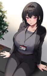  absurdres arms_at_sides belt belt_buckle black_hair black_jacket black_pants blazer blue_shirt blush breasts brown_belt buckle commentary_request female hair_intakes highres huge_breasts id_card indoors jacket lanyard legs_together long_sleeves looking_at_viewer masaki_nanaya office_lady open_clothes open_jacket open_mouth original pants pink_eyes plant shirt shirt_tucked_in short_hair sitting solo 