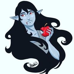  1:1 2018 adventure_time apple black_eyebrows black_hair breasts bust_portrait cartoon_network clothed clothed_female clothed_humanoid clothing collarbone colored digital_drawing_(artwork) digital_media_(artwork) eyebrows eyelashes fangs female food fruit grey_body grey_skin hair holding_apple holding_food holding_fruit holding_object humanoid humanoid_pointy_ears long_hair marceline_abadeer markoriginals not_furry plant portrait pupils red_apple red_eyes shirt solo tank_top teeth topwear vampire vampire_bite 