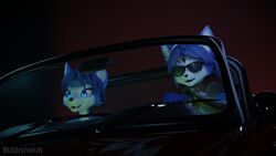  16:9 3d_(artwork) anthro blender_cycles blue_body blue_eyes blue_fur blue_hair blue_skin bubbshalub canid canine car digital_media_(artwork) driving duo eyewear fox fur hair hi_res krystal_(dogzeela) krystal_(kaylafox) krystal_(star_fox) mammal night nintendo star_fox sunglasses sunglasses_on_face vehicle widescreen 