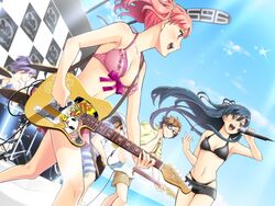  2boys 3girls band bikini black_hair breasts brown_hair cleavage cloud concert day deardrops drum drum_set electric_guitar fender_musical_instruments_corporation fender_stratocaster fender_telecaster frilled_bikini frills front-tie_top fujimaru_(bluebrand) game_cg glasses gonda_eiji guitar hands instrument kaguya_riho long_hair medium_breasts microphone multiple_boys multiple_girls music navel ooba_yayoi open_mouth orange_hair outdoors playing_instrument short_shorts shorts singing sky sparkle suganuma_shouichi sunglasses swimsuit tamano_rimu 