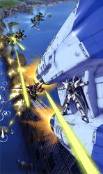  absurdres artist_request battle calamity_gundam forbidden_gundam freedom_gundam gundam gundam_seed highres justice_gundam mecha no_humans official_art raider_gundam robot spacecraft 