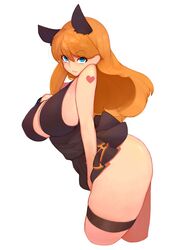  :3 ass bad_id bad_pixiv_id blue_eyes breasts cleavage covered_nipples cropped_legs dungeon_and_fighter female happening18 highres horns large_breasts long_hair looking_at_viewer orange_hair simple_background solo thigh_strap white_background 