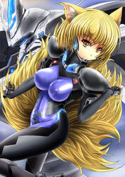  absurdres alternate_costume animal_ears blonde_hair bodysuit breasts brown_eyes closed_mouth commentary_request covered_nipples crossover eyebrows female fortified_suit fox_ears fox_tail highres large_breasts long_hair looking_at_viewer machinery mecha muv-luv outstretched_arms photoshop_(medium) pilot_suit robot sangyou_haikibutsu_a skin_tight smile solo tactical_surface_fighter tail teeth touhou type_00_takemikazuchi very_long_hair yakumo_ran 