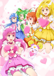  5girls :d ^_^ aoki_reika bad_id bad_pixiv_id bike_shorts blonde_hair blue_eyes blue_hair blue_skirt blush bow candy_(smile_precure!) choker closed_eyes cure_beauty cure_happy cure_march cure_peace cure_sunny dress green_eyes green_hair hair_flaps heart hino_akane_(smile_precure!) holding hoshizora_miyuki long_hair magical_girl midorikawa_nao multiple_girls open_mouth orange_choker orange_skirt oumi_(rsag) pink_bow pink_choker pink_eyes pink_hair pink_shorts pink_skirt precure red_eyes red_hair shorts shorts_under_skirt side_ponytail skirt smile smile_precure tiara twintails wrist_cuffs yayoi_kise yellow_eyes yellow_shorts yellow_skirt 