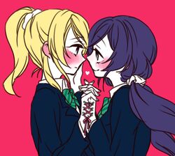  0lily0 2girls ayase_eli barbell_piercing blazer blonde_hair blush commentary_request corset_piercing heart holding_hands interlocked_fingers jacket linked_piercing looking_at_another love_live! love_live!_school_idol_project low_twintails multiple_girls otonokizaka_school_uniform piercing ponytail purple_hair red_background ribbon school_uniform scrunchie tojo_nozomi twintails white_scrunchie yuri 