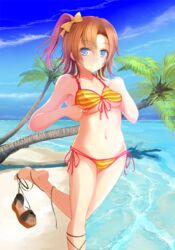  barefoot beach bikini blue_eyes breasts brown_hair cloud commentary_request day female front-tie_top kosaka_honoka looking_at_viewer love_live! love_live!_school_idol_project medium_breasts miyabi_(miyabi) navel ocean one_side_up outdoors palm_tree sandals shoe_dangle shoes short_hair side-tie_bikini_bottom sky smile solo standing standing_on_one_leg striped_bikini striped_clothes swimsuit toeless_footwear tree underboob water 