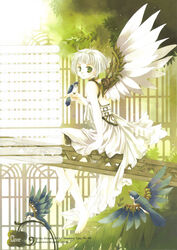  absurdres barefoot bird bird_on_hand blunt_bangs bob_cut buckle clover clover_(manga) copyright_name cover cover_page dated doujin_cover dress female flying four-leaf_clover green_eyes highres kousaka_yuu leaf light_smile logo looking_at_viewer mechanical_wings photoshop_(medium) plant scan short_hair sitting sleeveless sleeveless_dress smile suu_(clover) watermark web_address white_dress white_hair white_wings wings 