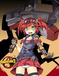  alternate_legwear blue_eyes borderlands_(series) borderlands_2 commentary_request deathtrap female gaige gun highres mecha panties pantyshot rando_seru red_hair robot smile thighhighs twintails underwear weapon white_panties 