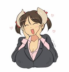  blush breasts brown_hair cow_girl cow_girl_(hataraki) female happy hataraki_ari heart horns huge_breasts open_mouth short_hair short_twintails simple_background smile solo sukimi_(hataraki) twintails white_background 