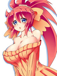  :o akina_brooks arianrhod_rpg arianrhod_saga blue_eyes breasts commentary_request female hair_ornament hair_ribbon highres ichimu_(1727) large_breasts long_hair looking_at_viewer off-shoulder_shirt off_shoulder open_mouth ponytail red_hair ribbed_sweater ribbon shirt solo sweater 