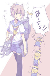  ? aoba_(kancolle) bike_shorts black_thighhighs blue_scrunchie bob_(despicable_me) commentary_request crossover despicable_me female goggles hair_ornament hair_scrunchie highres kantai_collection kevin_(despicable_me) minion_(despicable_me) neckerchief open_mouth pink_hair ponytail school_uniform scrunchie serafuku shikajima_shika stuart_(despicable_me) sweatdrop thighhighs translated turret 