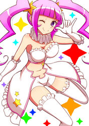  ;) \m/ armpits bare_shoulders breasts bridal_garter cleavage commentary_request detached_collar detached_sleeves eyelashes female frills gloves gundam gundam_build_fighters hair_ornament happy kirara_(gundam_bf) large_breasts long_hair looking_at_viewer navel one_eye_closed pink_hair purple_eyes shirono smile solo star_(symbol) thighhighs thighs twintails white_gloves white_thighhighs zettai_ryouiki 