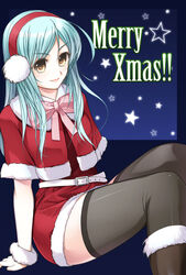  aqua_hair christmas commentary_request eri_(artist) female looking_at_viewer merry_christmas photoshop_(medium) santa_costume simple_background sitting solo star_(symbol) thighhighs zettai_ryouiki 