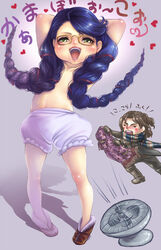  1boy arms_behind_head artist_request bayonetta bloomers blue_hair censor_hair cereza chibi chibi_inset clothes fan female flat_chest glasses hair_censor lips lolicon luka_redgrave poko_(mipoko) shoes topless translation_request twintails underwear wind_lift 