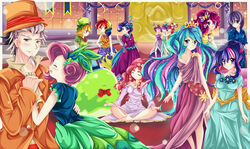  1boy 6+girls apple_bloom_(mlp) applejack_(mlp) ballroom banner barefoot blonde_hair blue_eyes blue_hair blush bow bowtie breasts carpet celestia_(my_little_pony) cleavage closed_eyes commentary discord_(my_little_pony) dress english_commentary flower fluttershy_(mlp) formal green_eyes green_hair grey_hair hair_flower hair_ornament hairbow hat head_wreath holding_hands hug indian_style indoors jewelry kiriche long_hair looking_at_another maud_pie medium_breasts medium_hair multicolored_hair multiple_girls my_little_pony necklace oerba_yun_fang old old_man on_floor open_mouth personification photoshop_(medium) pink_hair pinkie_pie_(mlp) purple_eyes purple_hair rainbow_dash_(mlp) rainbow_hair rarity_(my_little_pony) red_hair scootaloo_(mlp) siblings sisters sitting slime_(creature) smile smooze star_(symbol) suit sweetie_belle_(mlp) top_hat tree_hugger twilight_sparkle_(mlp) very_long_hair window yellow_eyes 