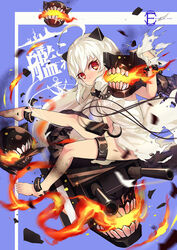  abyssal_ship ahoge barefoot bingyuheizhiyan blurry commentary_request depth_of_field dress enemy_aircraft_(kancolle) female fire horns kantai_collection long_hair looking_at_viewer machinery mittens northern_ocean_princess orange_eyes pale_skin sitting solo torn_clothes torn_mittens turret white_dress white_hair wind 