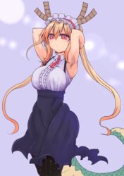  armpits arms_behind_head black_pantyhose blonde_hair blush breasts commentary_request cool-kyou_shinja cosplay dagashi_kashi dragon_horns dragon_tail female frills hairband highres horns kobayashi-san_chi_no_maidragon large_breasts large_tail long_hair official_art pantyhose red_eyes scales shidare_hotaru shidare_hotaru_(cosplay) sleeveless solo tail tohru_(maidragon) twintails very_long_hair 