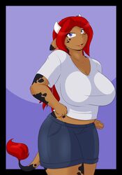  anthro big_breasts bovid bovine breasts cainesart cattle clothed clothing female hair hi_res horn long_hair mammal purple_eyes red_hair solo tail terra 