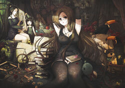  3girls bird black_legwear book book_stack bread breasts cleavage commentary_request eri_(artist) flower food glasses harp instrument jewelry key key_necklace large_breasts multiple_girls necklace origami original paper_crane photoshop_(medium) rose sausage skull smile thighhighs tongue tongue_out zettai_ryouiki 