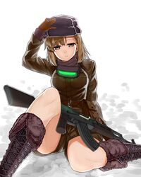  ak-47 assault_rifle bad_id bad_pixiv_id boots breasts brown_eyes brown_hair empty_eyes female gloves glowing gun harumaki-0327 hat head-mounted_display jacket kalashnikov_rifle medium_breasts medium_hair misaka_imouto misaka_imouto_10777 rifle sitting solo toaru_majutsu_no_index weapon winter_clothes 