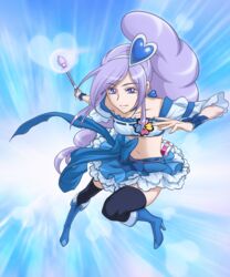  aono_miki berry_sword black_thighhighs blue_background blue_choker blue_footwear blue_skirt blue_thighhighs blue_wrist_cuffs boots choker commentary_request cure_berry drill_hair earrings eyelashes female fresh_precure! frilled_skirt frills gradient_background hair_ornament hairband happy heart heart_hair_ornament high_heels highres jewelry knee_boots long_hair looking_at_viewer magical_girl midriff navel ponytail precure purple_eyes purple_hair ribbon say_(sakabin) shirt side_ponytail skirt smile solo thighhighs thighs very_long_hair wrist_cuffs zettai_ryouiki 