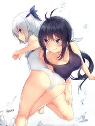  2girls antenna_hair artist_name ass ass-to-breast bad_id bad_pixiv_id barefoot black_hair blue_eyes breast_press breasts commentary competition_swimsuit english_commentary from_side highres kaminashi_nozomi keijo!!!!!!!! kimoshi large_breasts long_hair miyata_sayaka multiple_girls one-piece_swimsuit ponytail profile signature small_breasts smile swimsuit white_background white_hair 