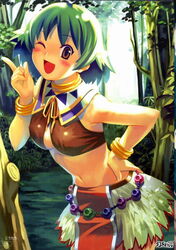  bare_shoulders belt blush bracelet breasts brown_eyes choker cleavage crop_top female forest green_hair hand_on_hip hips jewelry koutaro leaning_forward loincloth midriff morgan_(tears_to_tiara) nature navel nijiiro_zakura one_eye_closed open_mouth outdoors ribbon short_hair skirt smile solo tears_to_tiara tree wink 