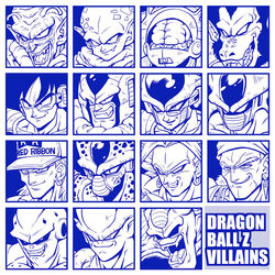  6+boys absurdres android_13 bojack brain broly_(dragon_ball_z) cell_(dragon_ball) commentary_request cooler_(dragon_ball) copyright_name dr._wheelo dragon_ball dragon_ball_(classic) dragon_ball_z earrings english_text fifth_form_(dragon_ball) frieza garlic_jr. grin hat highres hirudegarn imperfect_cell janemba jewelry legendary_super_saiyan majin_buu male_focus monochrome monster multiple_boys oerba_yun_fang oozaru open_mouth piccolo_daimaou red_ribbon_army scouter shinomiya_akino slit_pupils slug_(dragon_ball) smile super_buu super_saiyan teeth tullece vegeta 