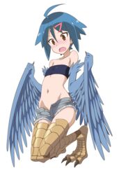  absurdres ahoge bandeau blue_hair blue_wings commentary_request cosplay cutoffs denim denim_shorts digitigrade feathered_wings feathers female flat_chest full_body groin hair_ornament hairclip harpy highres konno_aoi look-alike midiman midriff monster_girl monster_musume_no_iru_nichijou monsterification navel open_fly open_mouth papi_(monster_musume) scales season_connection short_shorts shorts solo sore_ga_seiyuu! strapless trait_connection transparent_background unbuttoned unzipped winged_arms wings 