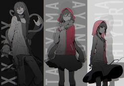  1boy 2girls asahina_hiyori bad_id bad_pixiv_id character_name closed_mouth column_lineup dark_konoha daze_(kagerou_project) evil_smile feet_out_of_frame hair_between_eyes hair_ornament hairclip hand_on_own_chest highres hood hood_up jacket kagerou_project kneehighs konoha_(kagerou_project) long_hair long_sleeves looking_at_viewer looking_to_the_side low_twintails monochrome multicolored_background multiple_girls neck_warmer norishio_(noconoxx) open_clothes open_jacket open_mouth pants partially_unzipped photoshop_(medium) pink_jacket pleated_skirt pocket red_jacket scarf shadow shirt skirt smile snake socks spot_color tateyama_ayano twintails zipper_pull_tab 