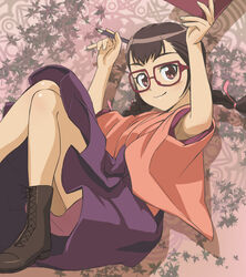  ankle_boots armpit_peek boots braid brown_hair cross-laced_footwear female glasses hair_ribbon hakama hakama_skirt happy haruyama_kazunori japanese_clothes kawashima_noe long_sleeves looking_at_viewer meiji_schoolgirl_uniform purple_hakama red-framed_eyewear red_ribbon ribbon shoelaces sitting skirt smile solo taishou_yakyuu_musume twin_braids twintails wide_sleeves 