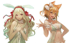  2girls animal_ears babydoll blonde_hair bow breasts brown_eyes cleavage commentary_request ddongu fox_ears hair_ribbon hairbow kagerou_project kisaragi_momo kozakura_marry lingerie long_hair medium_breasts multiple_girls navel panties photoshop_(medium) purple_eyes rabbit_ears ribbon side_ponytail underwear white_panties 