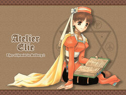  1024x768 atelier atelier_(series) atelier_elie atelier_elie_alchemist_of_salburg_2 book brown_eyes brown_hair earrings elfir_traum elie gust hat jewelry short_hair sitting wallpaper 