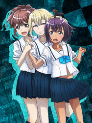  3girls :d bad_id bad_pixiv_id blonde_hair brown_eyes brown_hair d: daitoku_junna hand_on_another&#039;s_shoulder holding_hands koujiro_frau multiple_girls navel open_mouth peppe robotics;notes school_uniform senomiya_akiho serafuku skirt smile tan yellow_eyes 