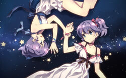  2girls blue_eyes choker commentary_request djmax djmax_portable earrings hair_ornament hair_ribbon jewelry ladymade_star lying multiple_girls nina_klatt open_mouth purple_hair ribbon rotational_symmetry sehra_klatt siblings side_ponytail sisters smile star_(symbol) starry_background twins wrist_cuffs yuuki_tatsuya 