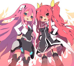  2girls black_legwear blue_eyes blush boots commentary_request crossover dangomushi gakusen_toshi_asterisk garter_straps gloves hair_ribbon hands_on_own_hips julis-alexia_von_riessfeld long_hair looking_at_viewer multiple_girls pink_hair rakudai_kishi_no_cavalry red_eyes red_hair ribbon season_connection stella_vermillion thigh_boots thighhighs trait_connection two_side_up white_gloves 