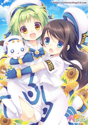  2girls :d :o amanchu! animal aria_(manga) aria_company aria_company_uniform aria_pokoteng artist_name beret blouse blue_eyes blue_gloves blue_sky brooch brown_hair cloud cloudy_sky commentary_request copyright_name cosplay creator_connection crossover day dress elbow_gloves feline field fingerless_gloves flower flower_field gloves green_hair hair_intakes hat head_tilt jewelry jumping kohinata_hikari long_dress long_hair looking_at_viewer multiple_girls ooki_futaba open_mouth outdoors outstretched_arm photoshop_(medium) sailor_collar shirt short_hair short_sleeves sky smile sunflower sunflower_field tareme tsukishima_yuuko uniform watermark web_address white_dress white_hat white_shirt yellow_eyes 