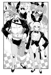  3boys 3girls aina_ardebit animal_ears bare_shoulders black_jacket blush bow bowtie chomoran commentary_request crossdressing detached_collar fake_animal_ears fishnet_pantyhose fishnets galo_thymos gloves greyscale half_gloves heris_ardebit highres jacket leotard lio_fotia lucia_fex male_focus male_playboy_bunny monochrome multiple_boys multiple_girls pantyhose pectorals playboy_bunny promare rabbit_ears remi_puguna spiked_hair strapless strapless_leotard 