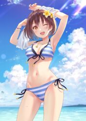  arms_up ass_visible_through_thighs beach bikini blue_sky breasts brown_eyes brown_hair cloud commentary_request cowboy_shot day female flower front-tie_top fukahire_(ruinon) hair_flower hair_ornament horizon looking_at_viewer medium_breasts ocean one_eye_closed open_mouth original outdoors shirt short_hair side-tie_bikini_bottom sky smile solo sorai_mahiru_(fukahire) standing striped_bikini striped_clothes swimsuit t-shirt teeth undressing upper_teeth_only 