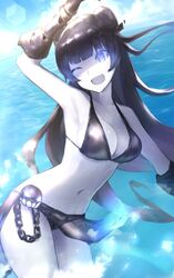  abyssal_ship bad_id bad_twitter_id bikini black_bikini black_gloves black_hair breasts chains colored_skin commentary_request double_bun female gauntlets gloves glowing glowing_eyes hair_bun kantai_collection lens_flare light_cruiser_oni long_hair medium_breasts navel ocean oerba_yun_fang one_eye_closed open_mouth pale_skin shaded_face shiny_clothes sidelocks smile solo standing standing_on_liquid sunlight swimsuit weasel_(close-to-the-edge) wet wet_clothes white_skin 