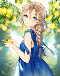  ancotaku backlighting bare_arms bare_shoulders blue_dress blue_eyes blue_ribbon blurry blurry_background blush braid brown_hair closed_mouth commentary_request day depth_of_field dress earrings female fingernails food fruit fruit_tree hair_between_eyes hair_ribbon holding holding_food holding_fruit hoop_earrings jewelry lemon long_hair looking_at_viewer looking_to_the_side original outdoors ribbon signature sleeveless sleeveless_dress smile solo tree 