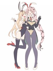  2girls alternate_costume animal_ears black_gloves black_legwear blonde_hair blush breasts cleavage closed_eyes commentary elbow_gloves fake_animal_ears fingerless_gloves full_body gloves groin hair_flaps hair_ornament hair_ribbon hairclip headband high_heels highres kantai_collection long_hair mikeco multiple_girls one_eye_closed open_mouth pantyhose pink_hair playboy_bunny rabbit_ears red_eyes red_footwear ribbon scarf simple_background standing tears thighhighs v white_background white_footwear white_scarf yura_(kancolle) yura_kai_ni_(kancolle) yuudachi_(kancolle) yuudachi_kai_ni_(kancolle) 