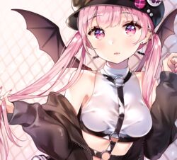  ancotaku bare_shoulders black_hat black_jacket breasts cabbie_hat collarbone commentary_request crop_top demon_wings ear_piercing earrings female hat holding holding_own_hair jacket jewelry long_hair long_sleeves looking_at_viewer medium_breasts nail_polish off_shoulder open_clothes open_jacket original parted_lips piercing pink_eyes pink_hair shirt sleeveless sleeveless_shirt solo twintails upper_body white_shirt wings zipper 