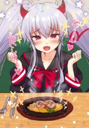  :d bangs black_sailor_collar black_shirt blush collarbone commentary_request demon_horns evo_grim eyebrows_visible_through_hair female food fork grim_aloe hair_between_eyes hands_up heart honami_(yths4221) horns knife long_hair long_sleeves oerba_yun_fang open_mouth plate quiz_magic_academy red_eyes sailor_collar school_uniform serafuku shirt sidelocks silver_hair smile solo sparkle star translation_request twintails upper_body very_long_hair 