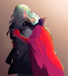  2girls absurdres bunsketches byleth_(female)_(fire_emblem) byleth_(fire_emblem) cape collar edelgard_von_hresvelg fire_emblem fire_emblem:_three_houses from_behind gloves green_hair head_down head_on_chest highres hug light_particles medium_hair multiple_girls red_cape red_gloves sidelighting tiara upper_body white_hair 