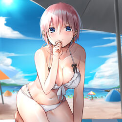  absurdres bare_shoulders beach beach_umbrella bikini blanket blue_eyes blue_sky blush breasts cleavage closed_mouth cloud collarbone commentary_request day earrings female go-toubun_no_hanayome halterneck highres horizon jewelry large_breasts looking_at_viewer nakano_ichika navel ocean outdoors pink_hair sand shore short_hair sitting sky smile stomach swimsuit takenoko_27074918 thighs umbrella water white_bikini 